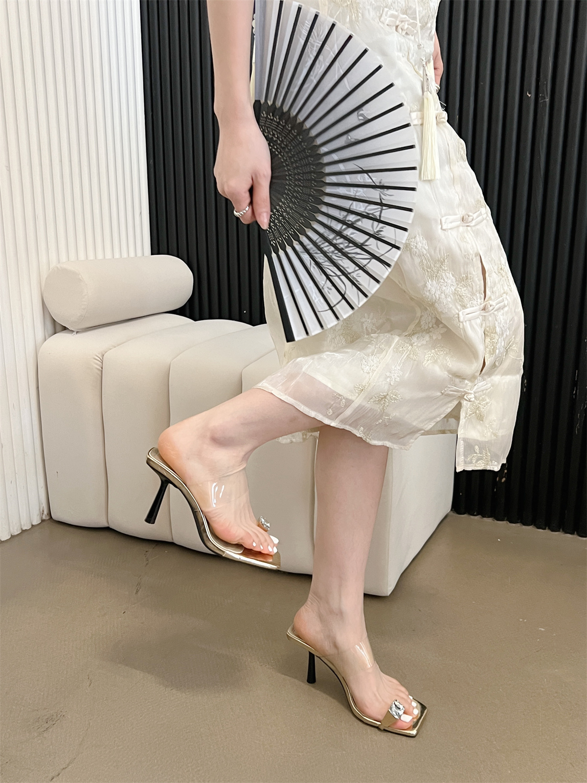 French Style Square Toe Rhinestone Strap Slippers Women 2024 New Summer Transparent One-Strap High Heel Sandals - Image 4