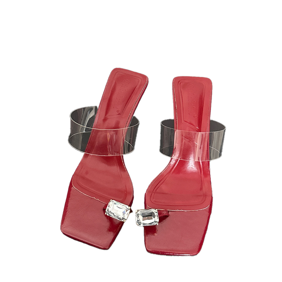 French Style Square Toe Rhinestone Strap Slippers Women 2024 New Summer Transparent One-Strap High Heel Sandals - Image 5
