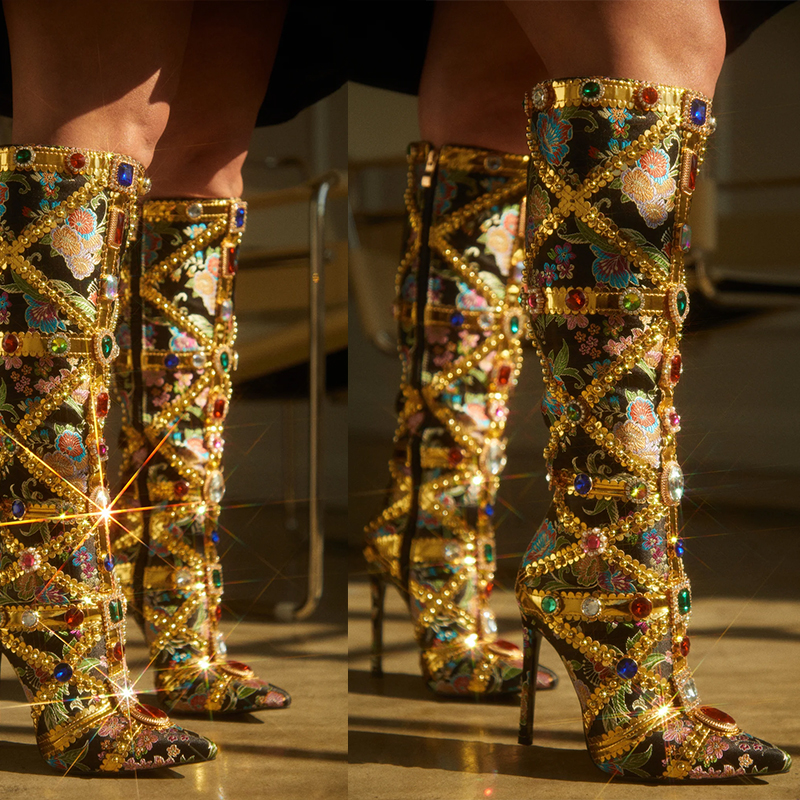 2025 New Rhinestone Ethnic Style Pointed Toe High Heel Women's Boots 35-42
