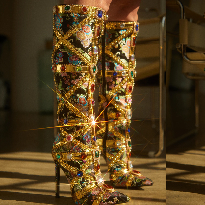 2025 New Rhinestone Ethnic Style Pointed Toe High Heel Women's Boots 35-42 - Image 2