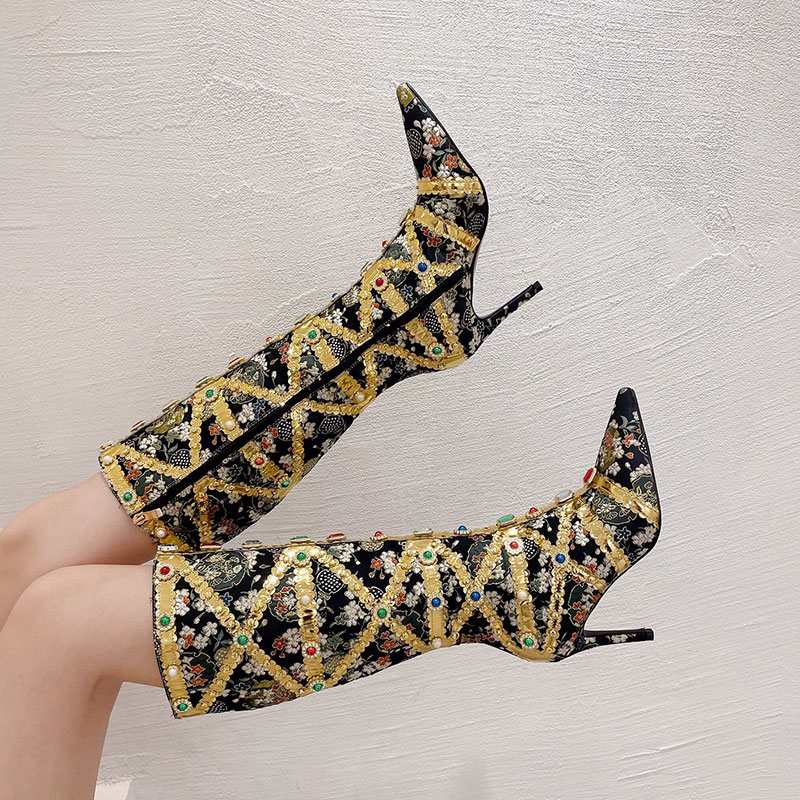2025 New Rhinestone Ethnic Style Pointed Toe High Heel Women's Boots 35-42 - Image 4