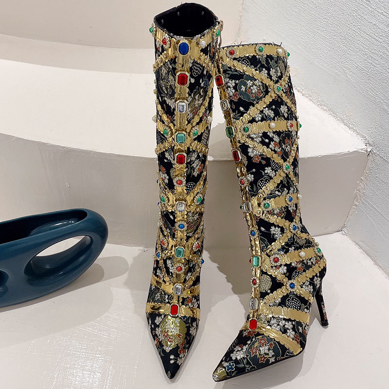 2025 New Rhinestone Ethnic Style Pointed Toe High Heel Women's Boots 35-42 - Image 5