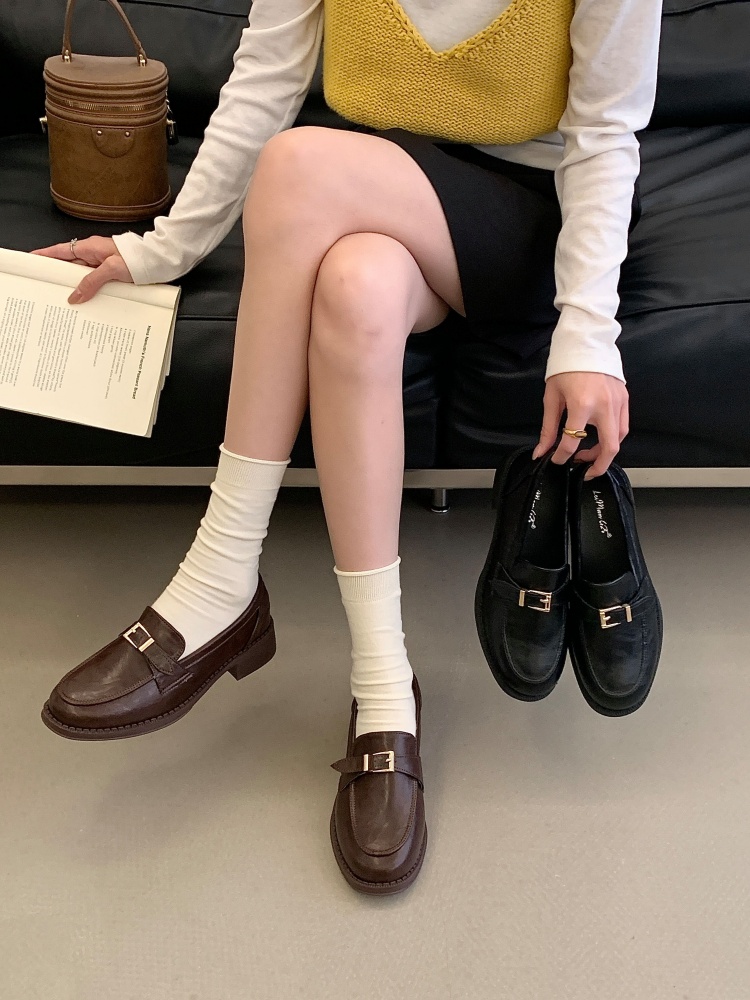 Gold Buckle Chunky Sole Leather Shoes Women 2026 Spring Autumn New British Style Thick Heel Real Leather Slip-on Loafers