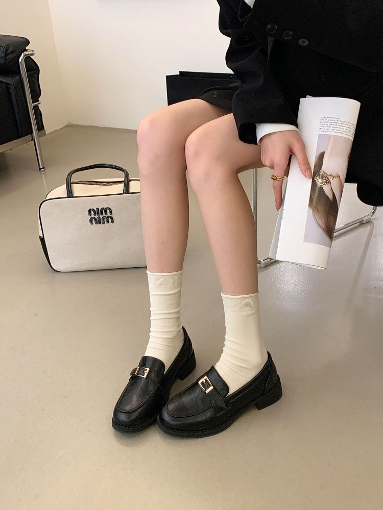 Gold Buckle Chunky Sole Leather Shoes Women 2026 Spring Autumn New British Style Thick Heel Real Leather Slip-on Loafers - Image 2