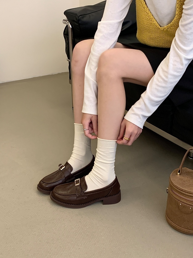 Gold Buckle Chunky Sole Leather Shoes Women 2026 Spring Autumn New British Style Thick Heel Real Leather Slip-on Loafers - Image 3