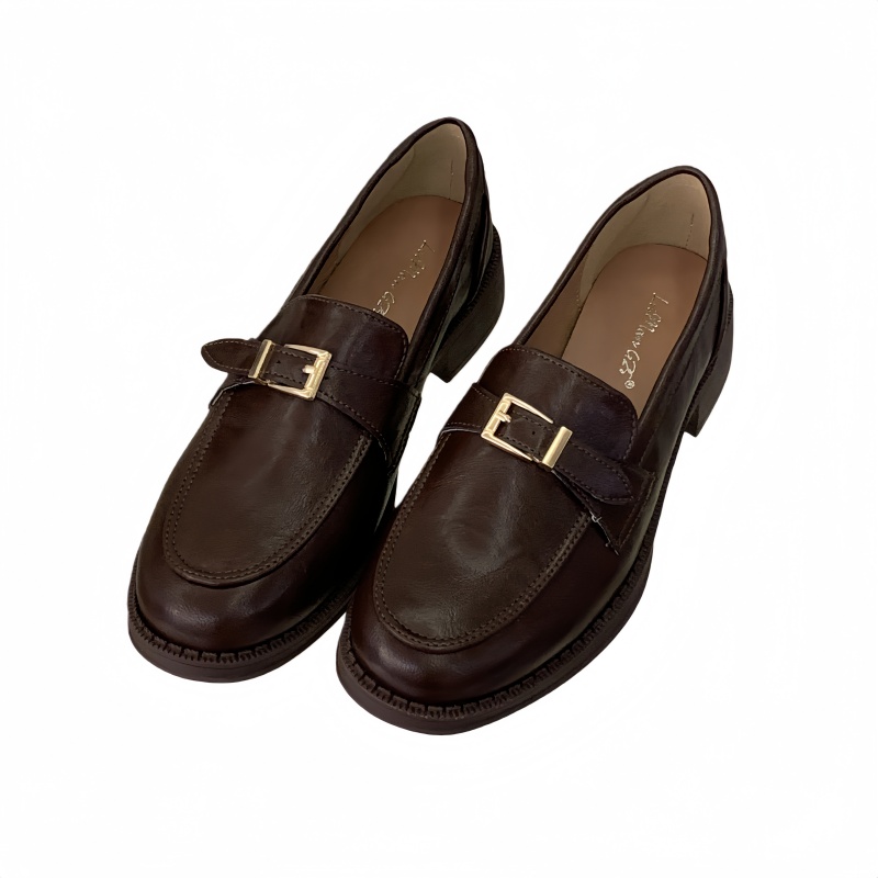 Gold Buckle Chunky Sole Leather Shoes Women 2026 Spring Autumn New British Style Thick Heel Real Leather Slip-on Loafers - Image 5