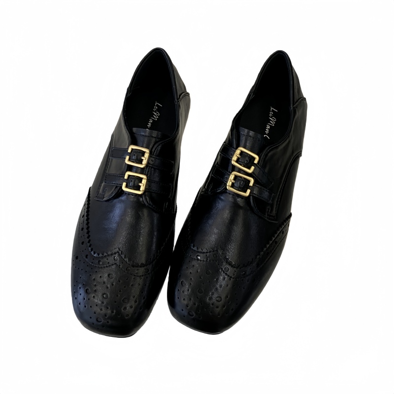 Fengda Women's 2026 Spring Carved Brogue Shoes Black Double Buckle Round Toe Flat British Style Leather Shoes - Image 5