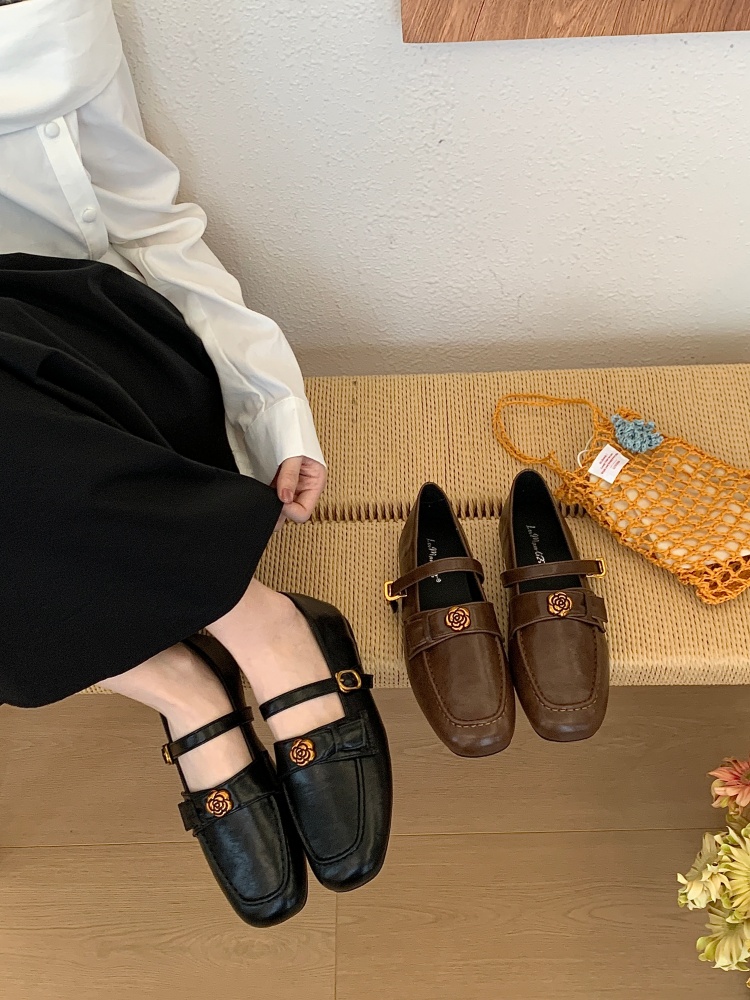 Vintage Camellia One-Strap Mary Jane Shoes for Women 2026 New Genuine Leather Flat Shoes