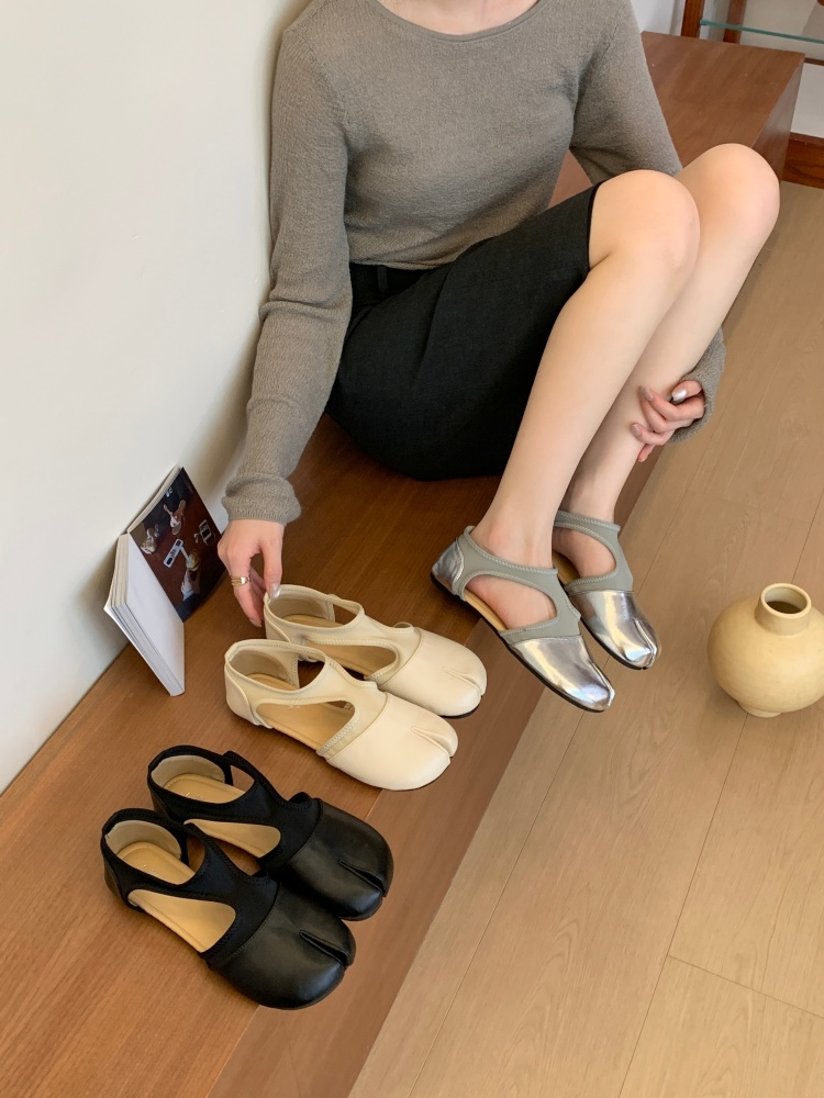 Fengda Women's Mary Jane Split-Toe Flat Shoes Summer Breathable Leather Slip-On Low-Cut Ballet Shoes